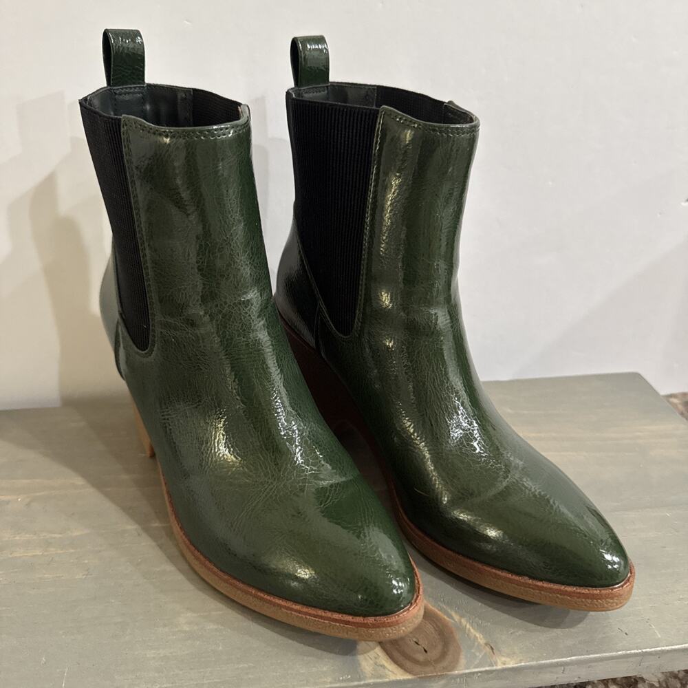 Aerosoles Mylo Wedge Booties Woman’s Sz 9 Fir Green Patent Crinkle Faux Leather